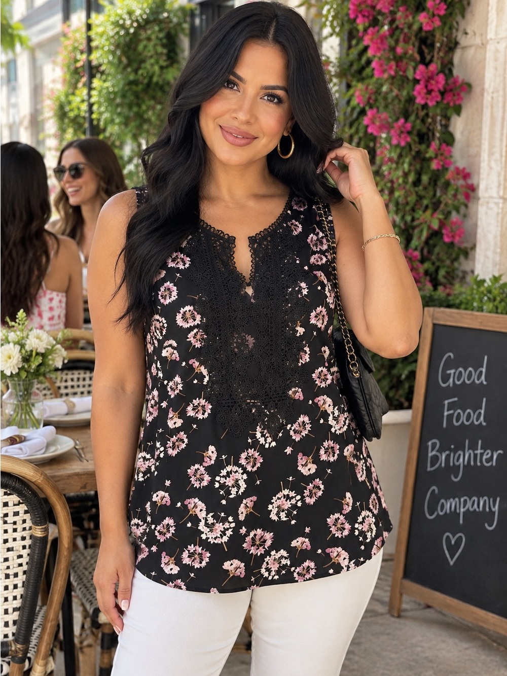 White House Black Market Black Floral Lace Front Sleeveless Blouse Top Size M